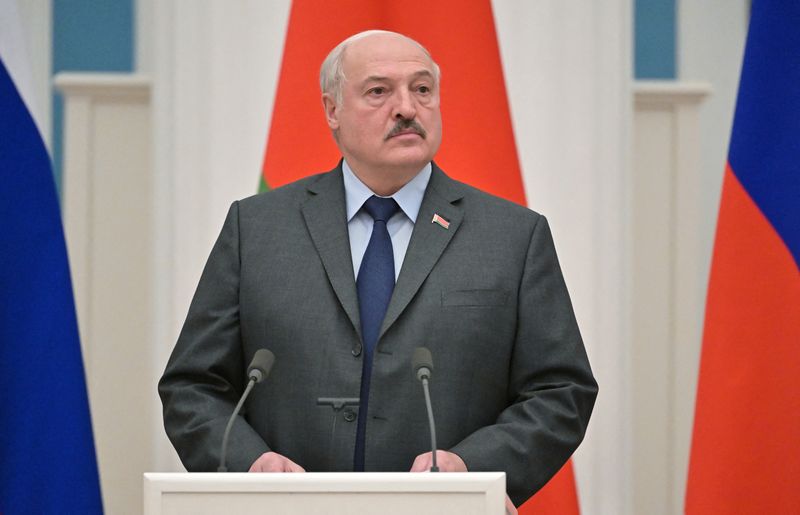 &copy; Reuters. Belarusian President Alexander Lukashenko attends a joint news conference with Russian President Vladimir Putin in Moscow, Russia February 18, 2022. Sputnik/Sergey Guneev/Kremlin via REUTERS ATTENTION EDITORS - THIS IMAGE WAS PROVIDED BY A THIRD PARTY.