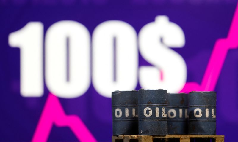 © Reuters. Models of oil barrel are seen in front of displayed rising stock graph and words 