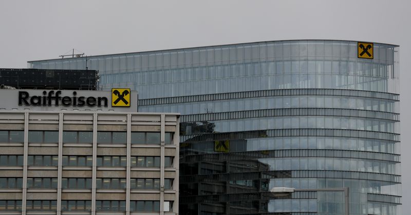 &copy; Reuters. The logo of Raiffeisen Bank International (RBI) is seen on office buildings in Vienna, Austria March 13, 2019.   REUTERS/Leonhard Foeger
