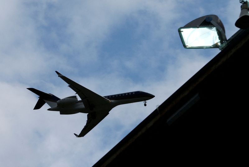 &copy; Reuters. FILE PHOTO: A Bombardier BD-700 aircraft is pictured above football stadium lights at Sion Airport, Switzerland, September 8, 2019. Picture taken September 8, 2019.   REUTERS/Denis Balibouse/File Photo