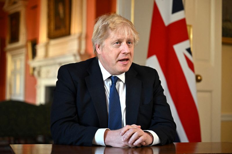 © Reuters. British Prime Minister Boris Johnson records an address at Downing Street after he chaired an emergency Cobra meeting to discuss the UK response to the Russian invasion of Ukraine, in London, Britain February 24, 2022. Jeff J Mitchell/Pool via REUTERS