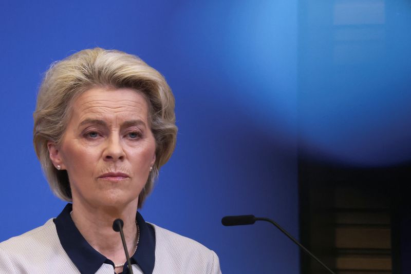 &copy; Reuters. European Commission President Ursula von der Leyen speaks during a joint news conference, with European Council President Charles Michel and NATO Secretary-General Jens Stoltenberg, on Russia's attack on Ukraine, in Brussels, Belgium February 24, 2022. RE