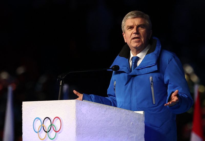 &copy; Reuters. Presidente do Comitê Olímpico Internacional, Thomas Bach, discursa na cerimônia de encerramento da Olimpíada de Inverno Pequim 2022
20/02/2022 REUTERS/Kim Hong-Ji