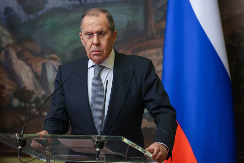 &copy; Reuters. Russia's Foreign Minister Sergei Lavrov attends a news conference following talks with Syria's Foreign Minister Faisal Mekdad in Moscow, Russia February 21, 2022. Russian Foreign Ministry/Handout via REUTERS ATTENTION EDITORS - THIS IMAGE HAS BEEN SUPPLIE