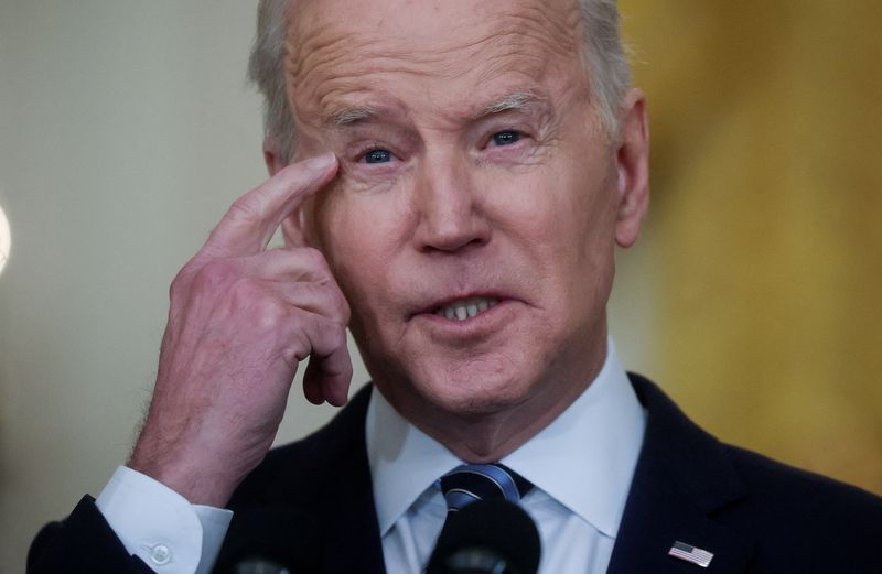 &copy; Reuters. Presidente dos EUA, Joe Biden, durante pronunciamento sobre invasão russa à Ucrânia na Casa Branca
24/02/2022 REUTERS/Leah Millis