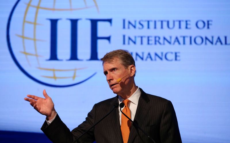 &copy; Reuters. FILE PHOTO: Tim Adams, President and CEO of the Institute of International Finance (IIF), gestures during the 2018 G20 Conference entitled "The G20 Agenda Under the Argentine Presidency", in Buenos Aires, Argentina, March 18, 2018. REUTERS/Agustin Marcari