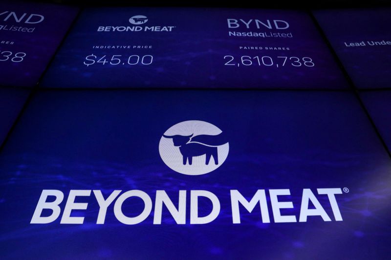 © Reuters. FILE PHOTO: The company logo and trading information for Beyond Meat is displayed on a screen during the IPO at the Nasdaq Market site in New York, U.S., May 2, 2019. REUTERS/Brendan McDermid