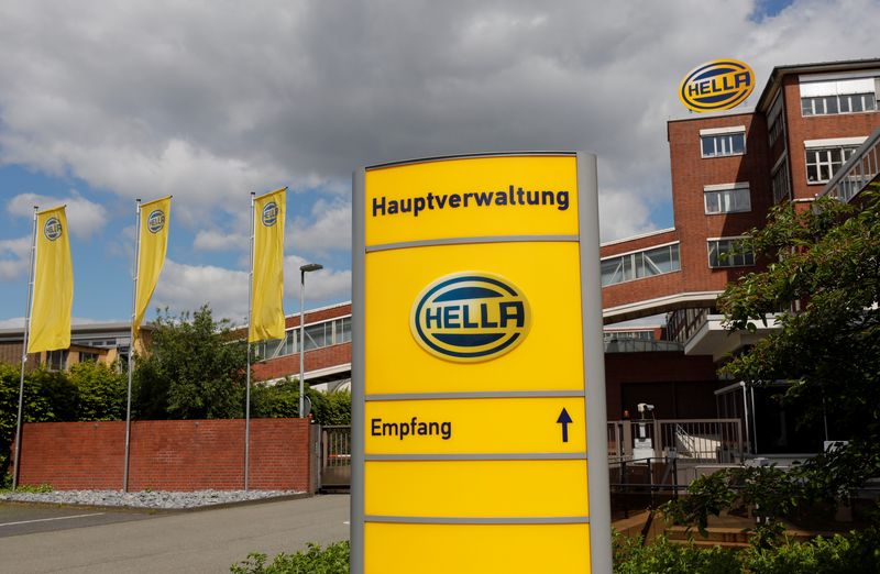 &copy; Reuters. FILE PHOTO: The logo of Hella, a global developer and manufacturer for the automotive industry, is seen at the headquarters of Hella in Lippstadt, Germany, May 12, 2019. REUTERS/Wolfgang Rattay