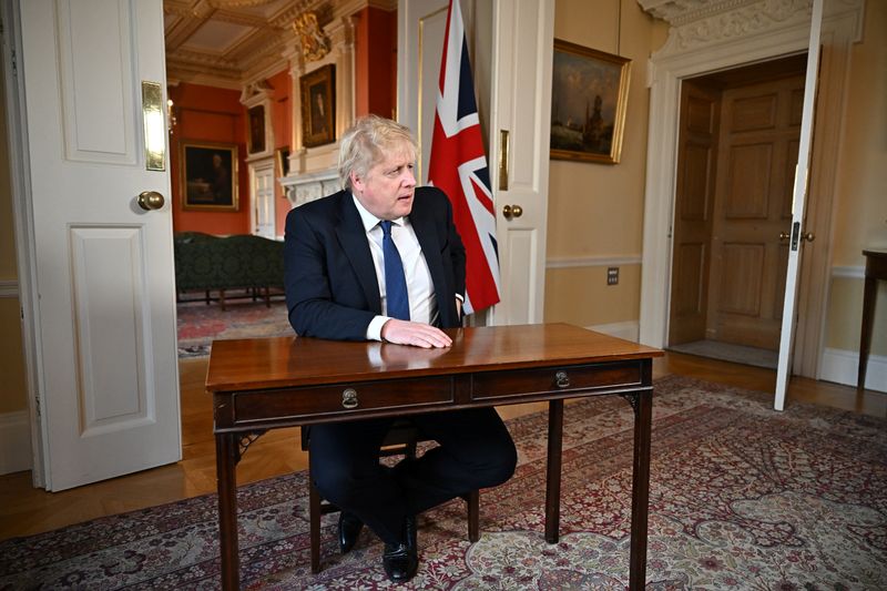 &copy; Reuters. FILE PHOTO: British Prime Minister Boris Johnson records an address at Downing Street after he chaired an emergency Cobra meeting to discuss the UK response to the Russian invasion of Ukraine, in London, Britain February 24, 2022. Jeff J Mitchell/Pool via