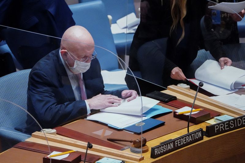 &copy; Reuters. Russia's Ambassador to the United Nations Vassily Nebenzia attends a United Nations Security Council meeting, on a resolution regarding Russia's actions toward Ukraine, at the United Nations Headquarters in New York City, U.S., February 25, 2022. REUTERS/