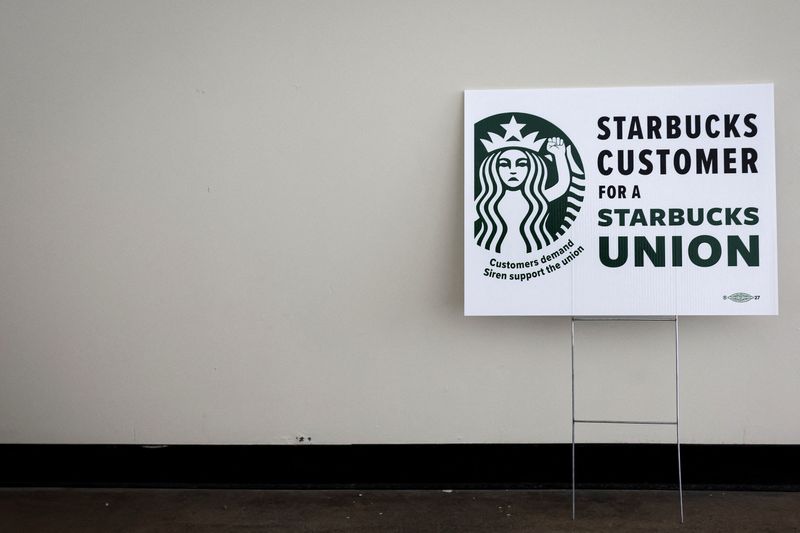 &copy; Reuters. A sign showing support for a Starbucks Union is seen at the Workers United, an affiliate of the Service Employees International Union, offices in Buffalo, New York, U.S., February 23, 2022. REUTERS/Brendan McDermid