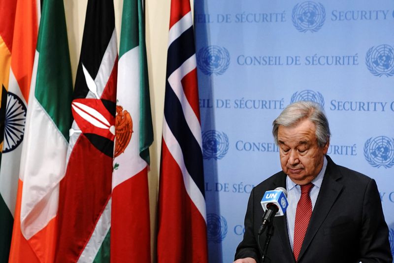 © Reuters. FOTO DE ARCHIVO: El secretario general de Naciones Unidas Antonio Guterres hace una declaración ante la prensa en Nueva York, EEUU, 24 de febrero del 2022.  REUTERS/Carlo Allegri