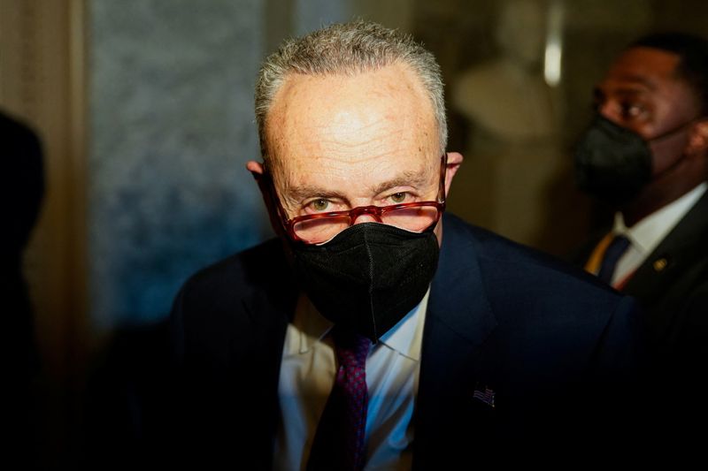 &copy; Reuters. FILE PHOTO: U.S. Senate Majority Leader Chuck Schumer (D-NY) speaks to reporters at the U.S. Capitol in Washington, U.S., February 17, 2022. REUTERS/Elizabeth Frantz