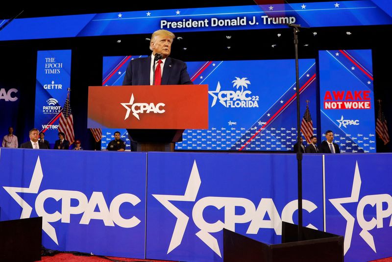 &copy; Reuters. FILE PHOTO: Former U.S. President Donald Trump speaks during the Conservative Political Action Conference (CPAC) in Orlando, Florida, U.S. February 26, 2022. REUTERS/Marco Bello
