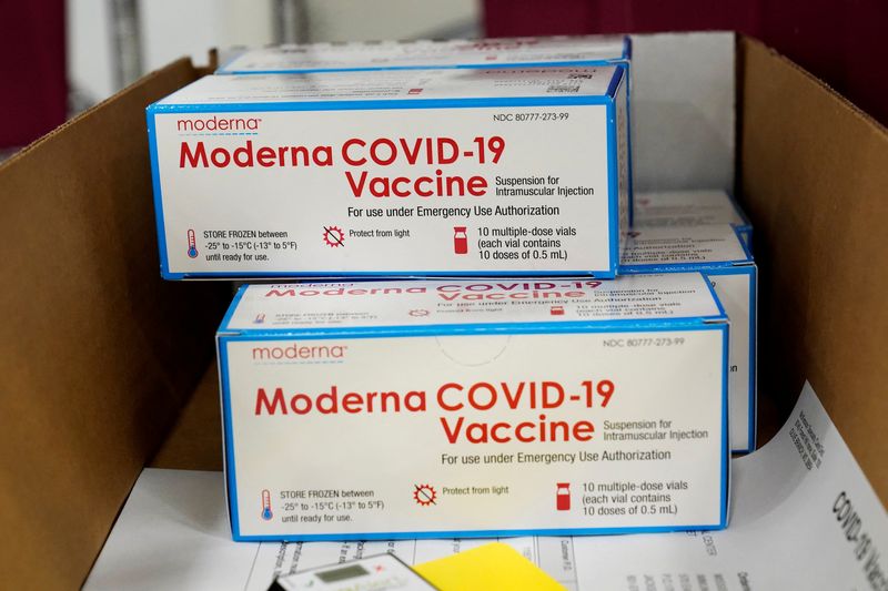 &copy; Reuters. FILE PHOTO: Boxes containing the Moderna COVID-19 vaccine are prepared to be shipped at the McKesson distribution center in Olive Branch, Mississippi, U.S. December 20, 2020. Paul Sancya/Pool via REUTERS/File Photo