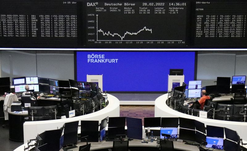 &copy; Reuters. Les Bourses européennes ont terminé en baisse lundi. À Paris, le CAC 40 a fini en repli de 1,39%. Le Footsie britannique a reculé de 0,42% et le Dax allemand de 0,73%. /Photo prise le 28 février 2022/REUTERS