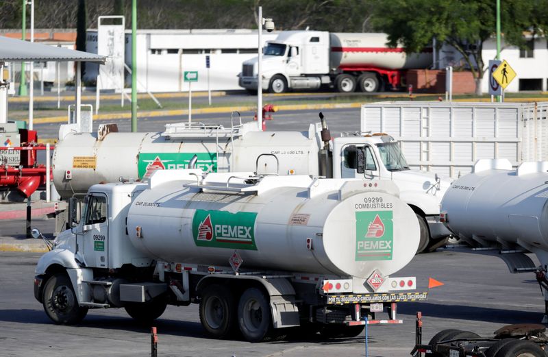 &copy; Reuters. Tanker trucks of Mexican state oil firm Pemex's are pictured at Cadereyta refinery, in Cadereyta, on the outskirts of Monterrey, Mexico April 20, 2020.  REUTERS/Daniel Becerril