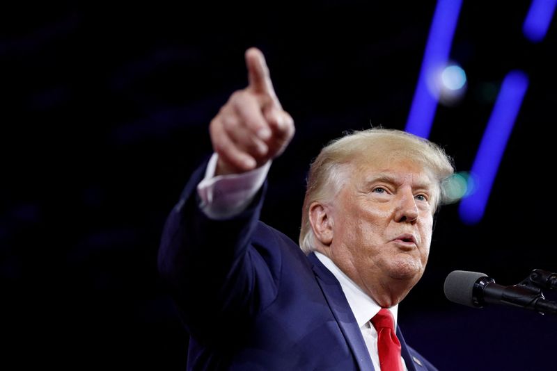 &copy; Reuters. FILE PHOTO: Former U.S. President Donald Trump gestures as he speaks during the Conservative Political Action Conference (CPAC) in Orlando, Florida, U.S. February 26, 2022. REUTERS/Marco Bello/File Photo