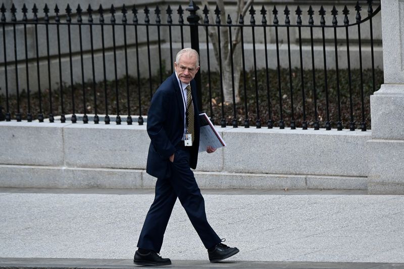 &copy; Reuters. FILE PHOTO: White House advisor Peter Navarro leaves the West Wing carrying a poster board displaying claims of voting irregularity at the White House in Washington, U.S., January 15, 2021. REUTERS/Erin Scott/File Photo