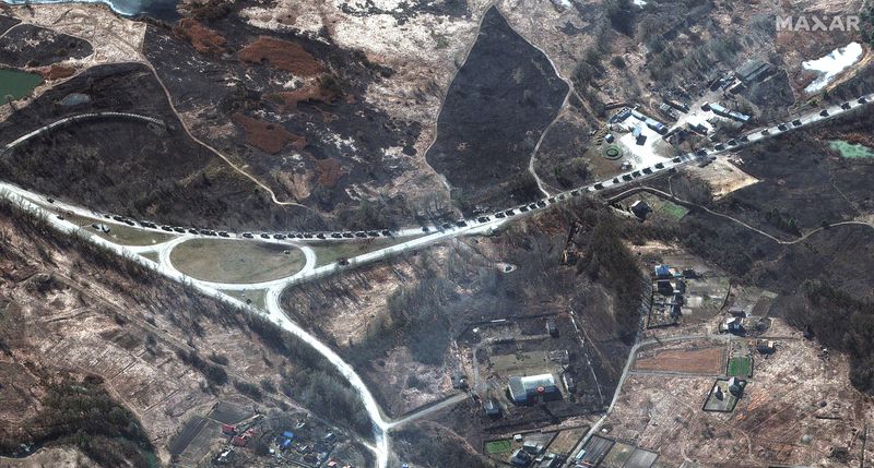 &copy; Reuters. A satellite image shows an additional part of a military convoy, near Invankiv, Ukraine February 28, 2022. Satellite image 2022 Maxar Technologies/Handout via REUTERS THIS IMAGE HAS BEEN SUPPLIED BY A THIRD PARTY. NO RESALES. NO ARCHIVES. MANDATORY CREDIT