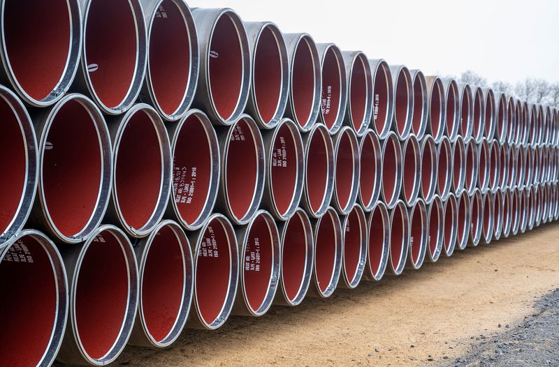 &copy; Reuters. FILE PHOTO: Gas pipes are seen at the construction site of the upcoming Baltic Pipe gas pipeline at Houstrup Strand, at Noerre Nebel in West Jutland, Denmark, February 23, 2021. Ritzau Scanpix/John Randeris via REUTERS.