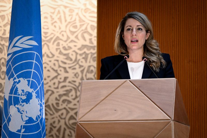 &copy; Reuters. FILE PHOTO: Canadian Foreign Minister Melanie Joly delivers a speech during a session of the UN Human Rights Council, following the Russian invasion in Ukraine, in Geneva, Switzerland February 28, 2022. Fabrice Coffrini/Pool via REUTERS