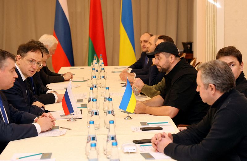 &copy; Reuters. مسؤولون روس وأكرانيون يشاركون في المحادثات في إقليم جوميل في روسيا البيضاء يوم الاثنين. صورة لرويترز من وكالة أنباء بيلتا. (يحظر إعادة بيع ا