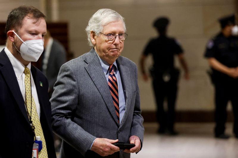 &copy; Reuters. FILE PHOTO: U.S. Senate Minority Leader Mitch McConnell (R-KY) departs after a full-Senate briefing on the situation in Ukraine by members of the Biden cabinet at the U.S. Capitol in Washington, U.S. February 28, 2022.  REUTERS/Jonathan Ernst/File Photo