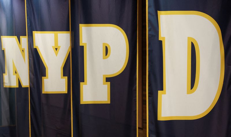 &copy; Reuters. FILE PHOTO: New York Police Department inscription is seen during a meeting between U.S. President Joe Biden, the Attorney General Merrick Garland, New York City Mayor Eric Adams and New York's Governor Kathy Hochul about gun violence and how to address i