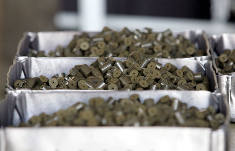 © Reuters. FILE PHOTO: Uranium pellets, a nuclear fuel product for atomic power plants, are seen on a production line at Ulba Metallurgical Plant in Kazakhstan's eastern town of Ust-Kamenogorsk August 11, 2006. REUTERS/Shamil Zhumatov/File Photo