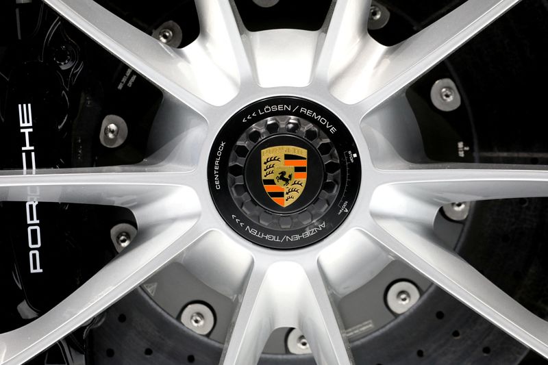 &copy; Reuters. FILE PHOTO: Tjhe Porsche logo is seen on a wheel of the 2020 Porsche 911 Speedster as it is revealed at the 2019 New York International Auto Show in New York City, New York, U.S, April 17, 2019. REUTERS/Brendan McDermid/