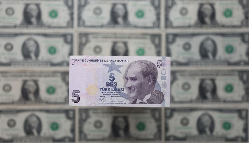 &copy; Reuters. Turkish lira banknote is displayed on U.S. Dollar banknotes in this illustration taken, February 14, 2022. REUTERS/Dado Ruvic/Illustration