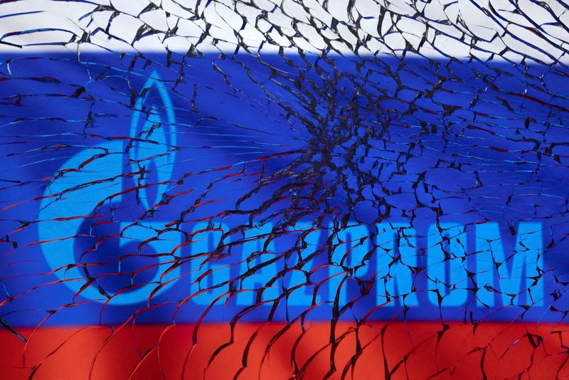 &copy; Reuters. FILE PHOTO: Gazprom logo and Russian flag are seen through broken glass in this illustration taken March 1, 2022. REUTERS/Dado Ruvic/Illustration/File Photo