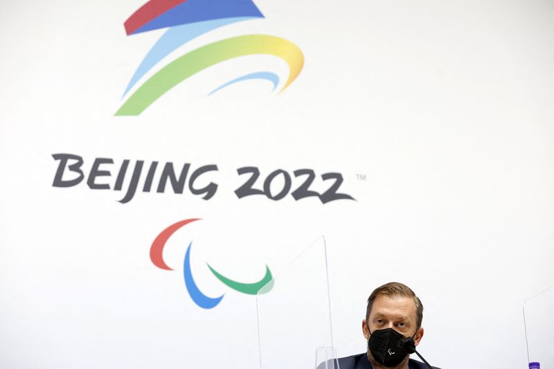 &copy; Reuters. IPC President Andrew Parsons during a press conference to announce that Russian Paralympic Committee and Belarus athletes would no longer take part in the Beijing 2022 Winter Paralympic Games REUTERS/Peter Cziborra