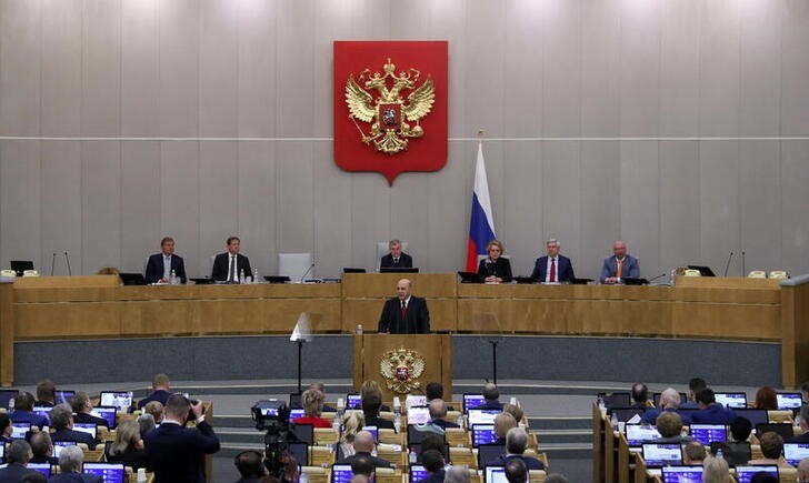 &copy; Reuters. Russia's Prime Minister Mikhail Mishustin delivers a speech during a session of the State Duma, the lower house of parliament, in Moscow, Russia May 12, 2021. REUTERS/Evgenia Novozhenina