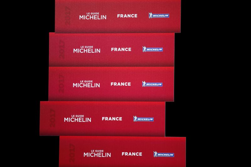 &copy; Reuters. FILE PHOTO: Logos of the new 2017 annual Michelin restaurant guide are seen during the announcement of the newly-promoted chef in Paris, France, February 9, 2017. REUTERS/Benoit Tessier