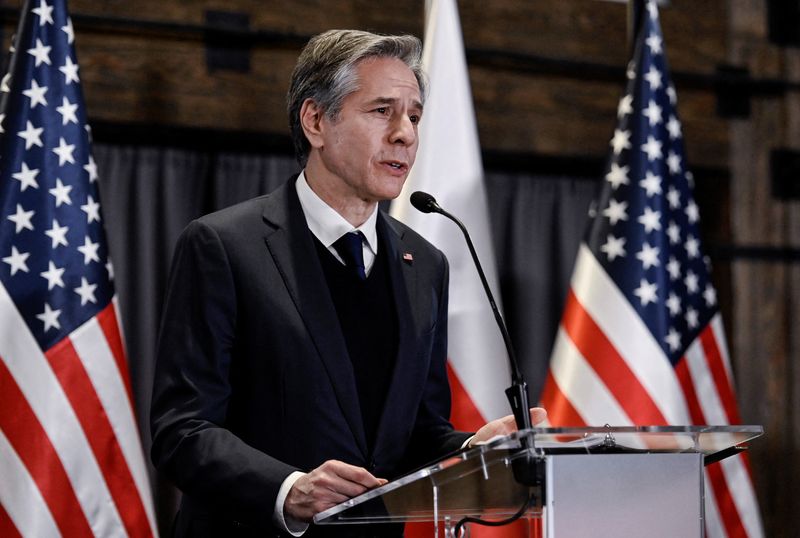 &copy; Reuters. U.S. Secretary of State Antony Blinken speaks during a news conference with Polish Foreign Minister Zbigniew Rau (not pictured), following Russia's invasion of Ukraine, in Rzeszow, Poland March 5, 2022.  Olivier Douliery/Pool via REUTERS