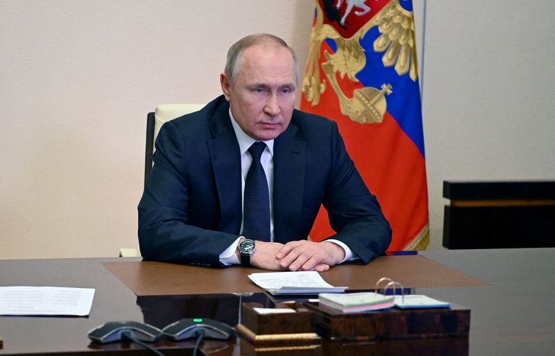 &copy; Reuters. 　ロシアのプーチン大統領は５日、欧米の対ロシア制裁は宣戦布告に等しいと述べ、ウクライナに飛行禁止区域を設ける試みは、世界に破滅的な結果をもたらすと警告した。３日撮影。Sputni