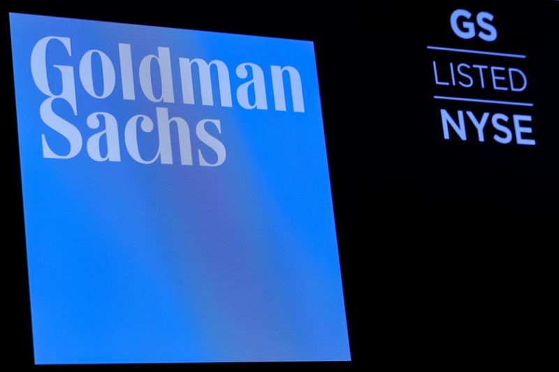 &copy; Reuters. FILE PHOTO: The ticker symbol and logo for Goldman Sachs is displayed on a screen on the floor at the New York Stock Exchange (NYSE) in New York, U.S., December 18, 2018. REUTERS/Brendan McDermid