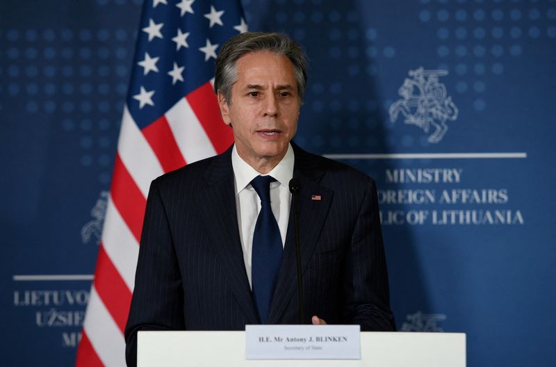 &copy; Reuters. U.S. Secretary of State Antony Blinken speaks during a joint news conference with the Lithuanian foreign minister in Vilnius, Lithuania March 7, 2022. Olivier Douliery/Pool via REUTERS