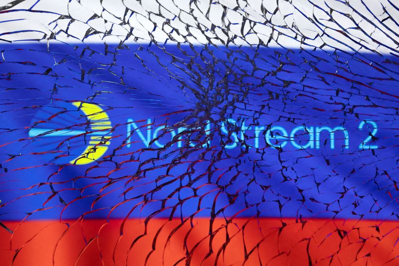 &copy; Reuters. FILE PHOTO: Nord Stream 2 logo and Russian flag are seen through broken glass in this illustration taken March 1, 2022. REUTERS/Dado Ruvic/Illustration