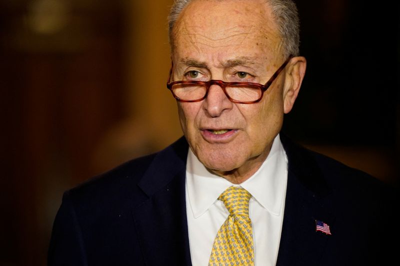 &copy; Reuters. FILE PHOTO: U.S. Senate Majority Leader Chuck Schumer (D-NY) speaks to reporters following the Senate Democrats weekly policy lunch at the U.S. Capitol in Washington, U.S., March 1, 2022. REUTERS/Elizabeth Frantz