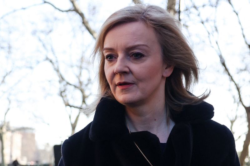 &copy; Reuters. FILE PHOTO: British Foreign Secretary Liz Truss leaves after an interview in Westminster, London, Britain February 23, 2022. REUTERS/Tom Nicholson