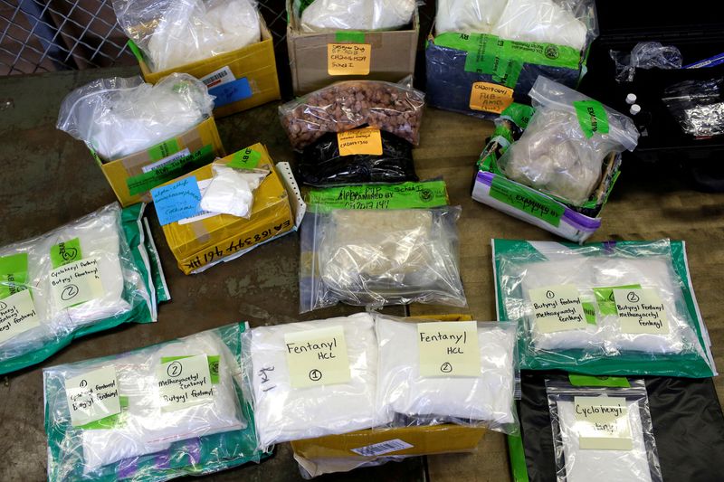 &copy; Reuters. FILE PHOTO: Plastic bags of Fentanyl are displayed on a table at the U.S. Customs and Border Protection area at the International Mail Facility at O'Hare International Airport in Chicago, Illinois, U.S. November 29, 2017.  REUTERS/Joshua Lott