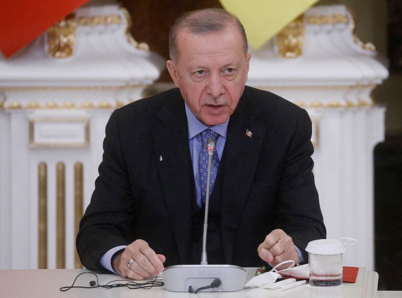 &copy; Reuters. FILE PHOTO: Turkish President Tayyip Erdogan speaks during a joint news conference with Ukrainian President Volodymyr Zelenskiy in Kyiv, Ukraine February 3, 2022. REUTERS/Valentyn Ogirenko/File Photo