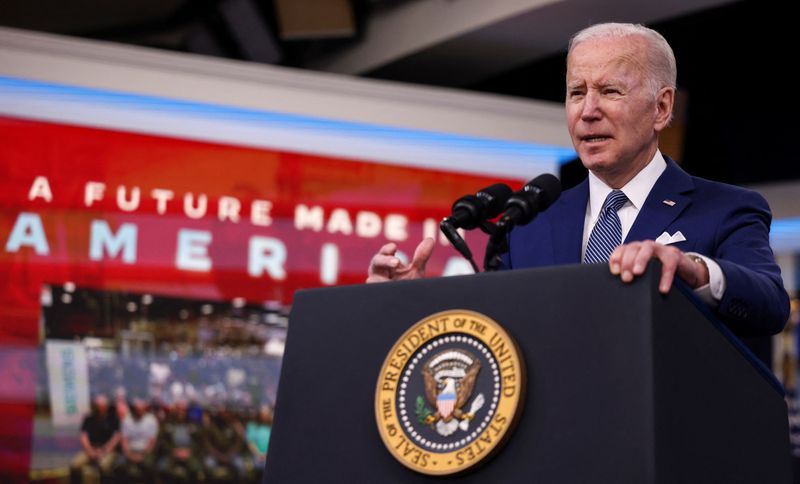 &copy; Reuters. FILE PHOTO: U.S. President Joe Biden announces new steps requiring government to buy more made-in-America goods during remarks in the Eisenhower Executive Office Building's South Court Auditorium at the White House in Washington, U.S., March 4, 2022. REUT