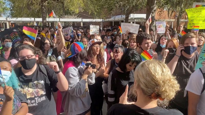 &copy; Reuters. FILE PHOTO: Students gather to protest after Florida's House of Representatives approved a Republican-backed bill that would prohibit classroom discussion of sexual orientation and gender identity, in Winter Park, Florida, U.S., March 7, 2022 in this stil