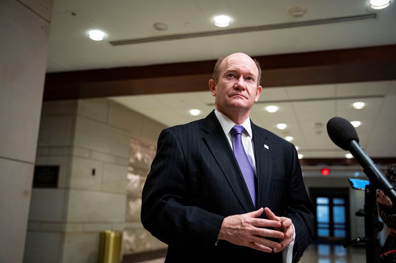 &copy; Reuters. FILE PHOTO: U.S. Senator Chris Coons (D-DE) speaks to reporters during a break from a Senate Armed Services and Foreign Relations joint briefing on the U.S. policy on Afghanistan, on Capitol Hill in Washington, U.S., February 2, 2022. REUTERS/Al Drago