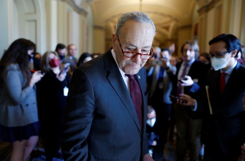 &copy; Reuters. FILE PHOTO: U.S. Senate Majority Leader Chuck Schumer (D-NY) turns away after speaking to reporters after his meeting with Supreme Court nominee and federal appeals court Judge Ketanji Brown Jackson in the U.S. Capitol in Washington, U.S., March 2, 2022. 