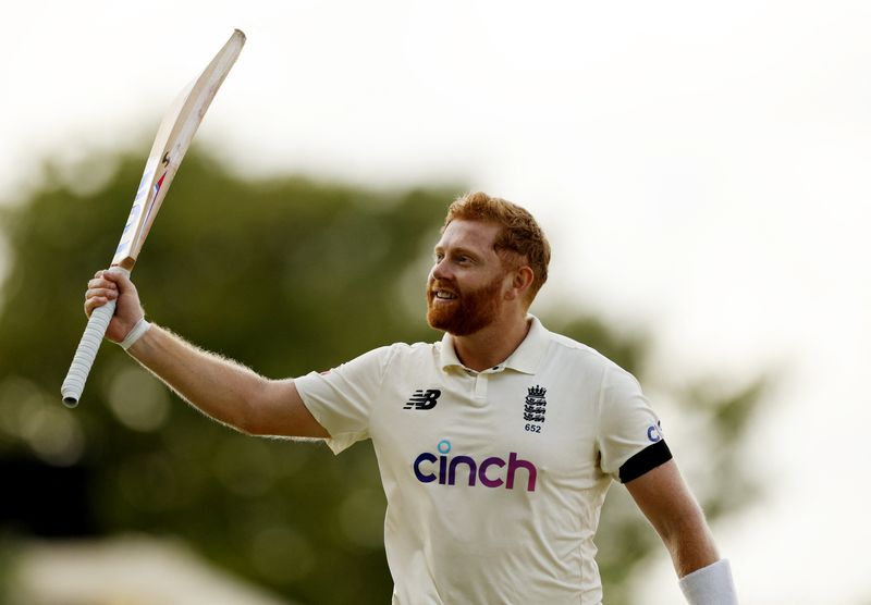 &copy; Reuters. Cricket - First Test - West Indies v England - Sir Vivian Richards Stadium, Antigua, Antigua and Barbuda - March 8, 2022 England's Jonny Bairstow celebrates as he walks off the pitch at the end of play Action Images via Reuters/Jason Cairnduff